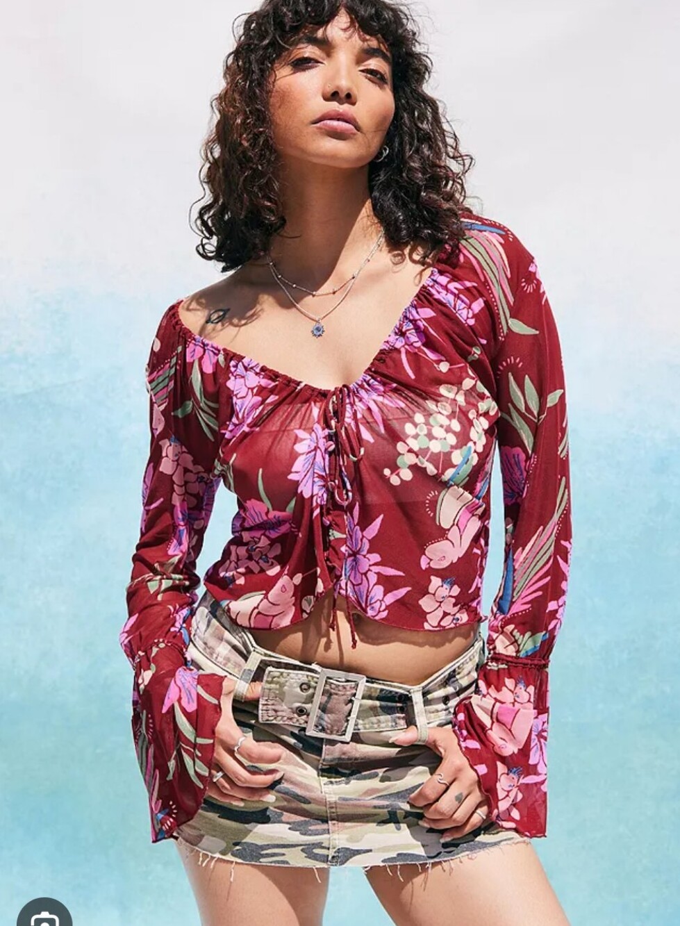 Free People‎ Women’s Floral Burgundy Drawstring Peasant Sheer Crop Top